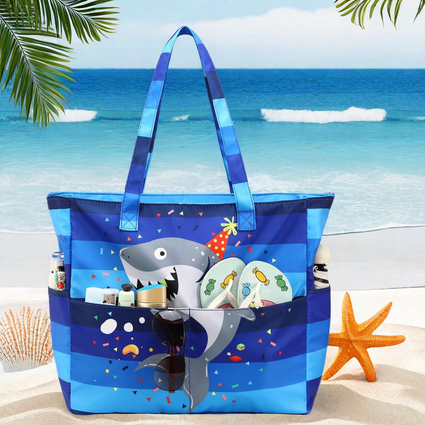 LEDAOU Large Beach Tote Bag Women Waterproof Sandproof Zipper Beach Tote Bag for Pool Gym Grocery Travel with Wet Pocket