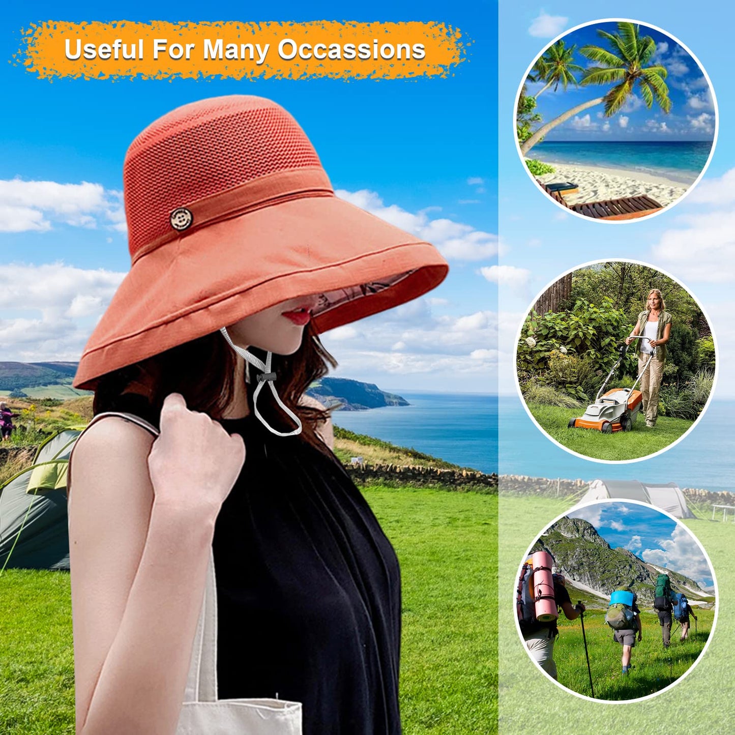 Women Wide Brim Sun Hats Metal Wired Edge Summer UV Protection Beach Fishing Hat for Hiking Garden Travel Chin Strap