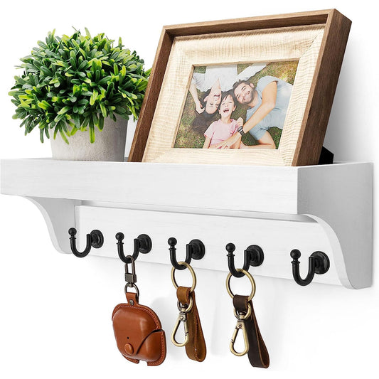 Rebee Vision Key and Mail Holder for Wall with floating Shelf : Decorative hanging organizer with 5 Sturdy Keys Hooks and Wall Mount Key Rack - Farmhouse Entryway Décor (Modern White)