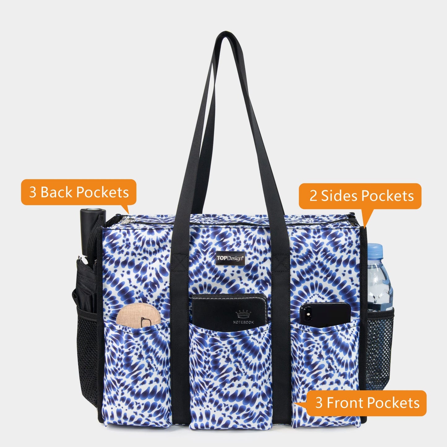 TOPDesign Utility Water Resistant Tote Bag with 13 Exterior & Interior Pockets, Top Zipper Closure & Thick Bottom Support