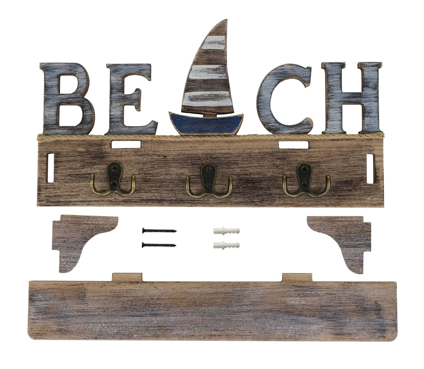 SAILINGSTORY Beach Wall Decor, Beach Sign Key Holder for Wall Mounted Coat Rack with Shelf, Beach Decor Nautical Decor Key Hook for Wall with Shelf