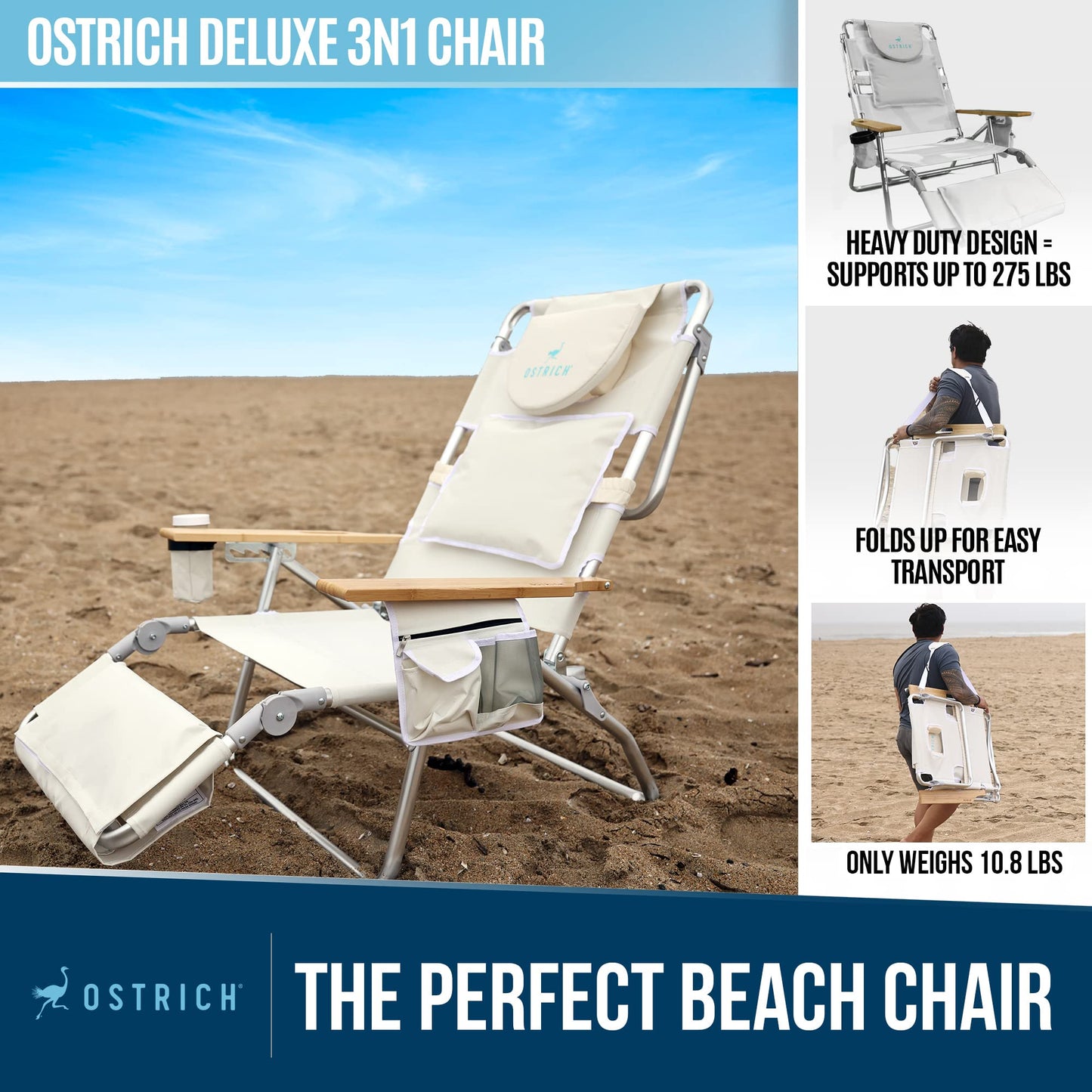 Ostrich Deluxe 3 in 1 Beach Chair with Face Opening - Portable, Reclining Lounger for Tanning - Face Hole for Reading on Stomach - Padded Footrest, Removable Pillow - Aluminum (Green)