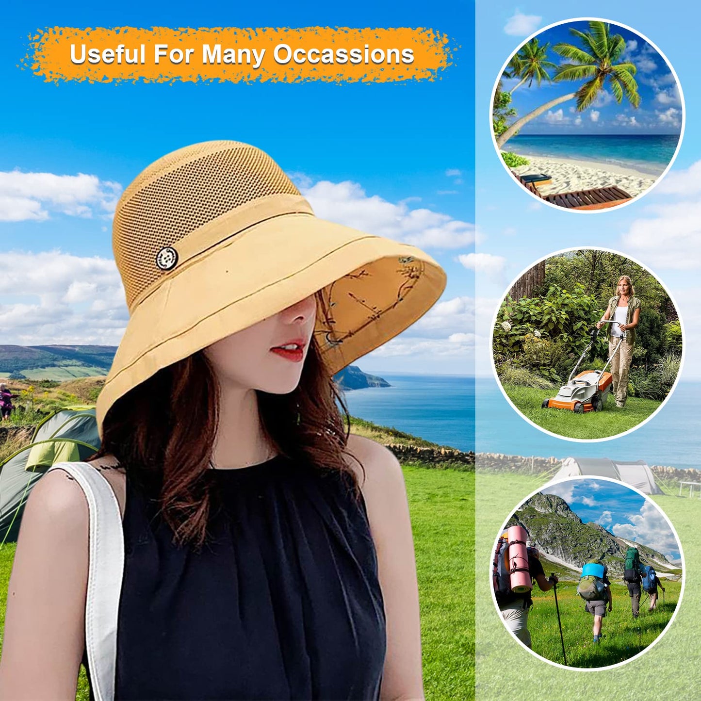 Women Wide Brim Sun Hats Metal Wired Edge Summer UV Protection Beach Fishing Hat for Hiking Garden Travel Chin Strap