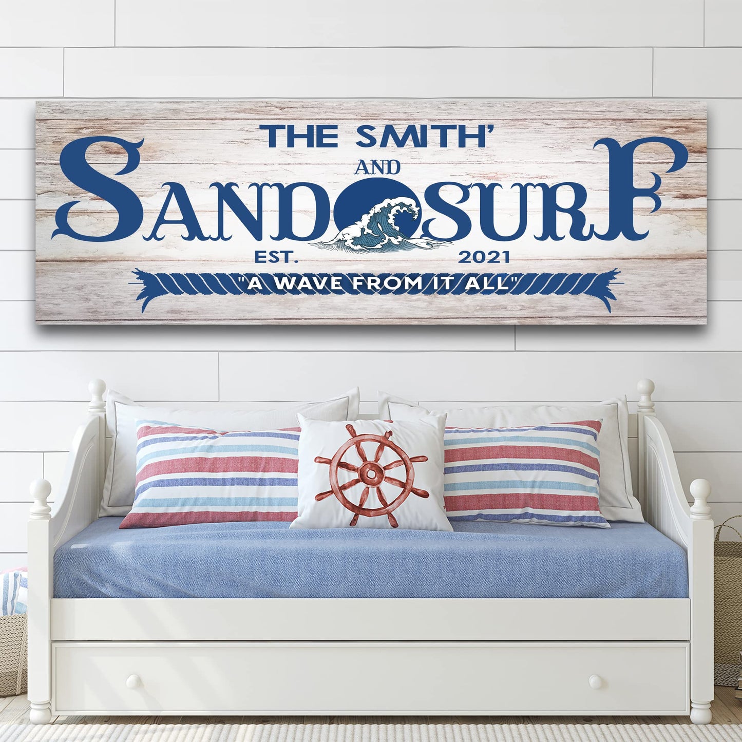 TAILORED CANVASES Beach Sign Wall Decor - Large Personalized Canvas, Coastal Wall Art Beach Signs for Home, Ocean, House, Porch, Living Room, and Bedroom - Sand and Surf, Rustic Decoration, 20"x10"