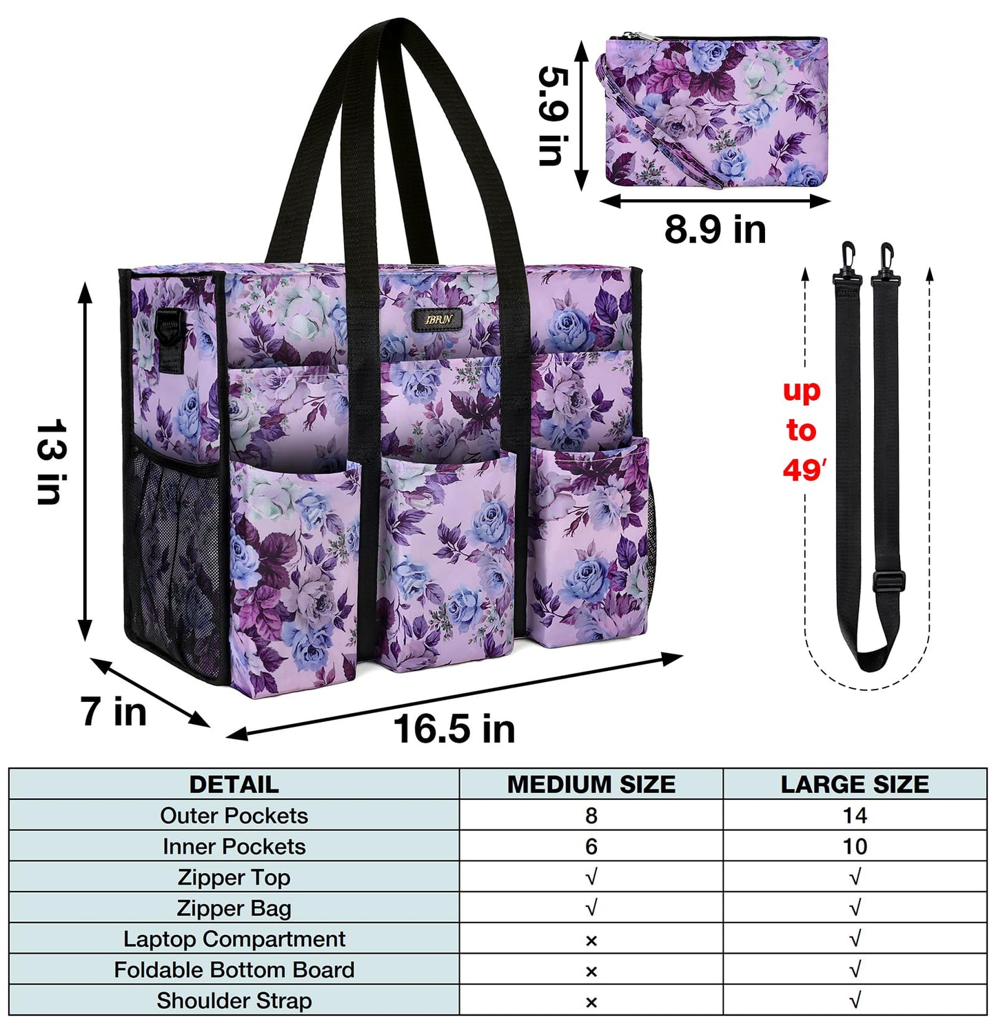 IBFUN Utility Tote Bag with 14/24 Pockets Zip Top Teacher Tote Bag for Teacher/Work Women