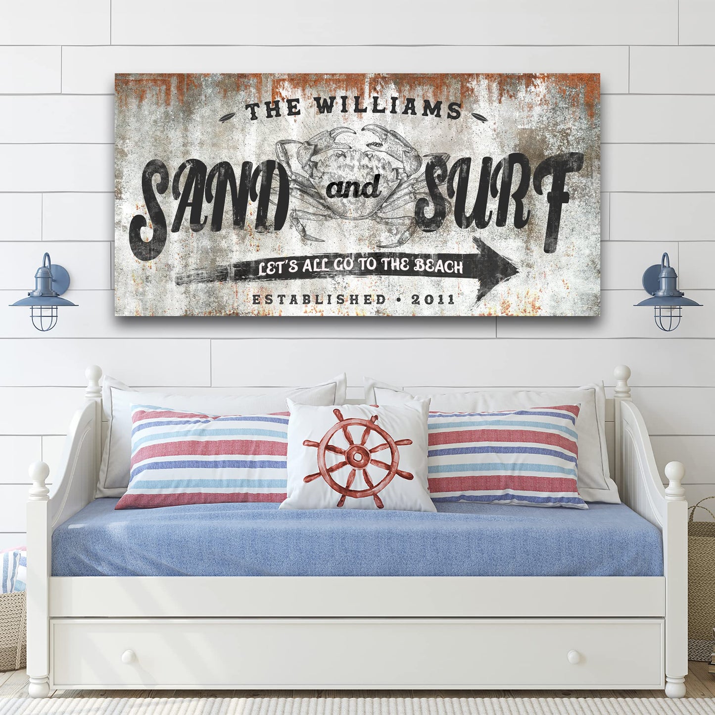 TAILORED CANVASES Beach Sign Wall Decor - Large Personalized Canvas, Coastal Wall Art Beach Signs for Home, Ocean, House, Porch, Living Room, and Bedroom - Sand and Surf, Rustic Decoration, 20"x10"