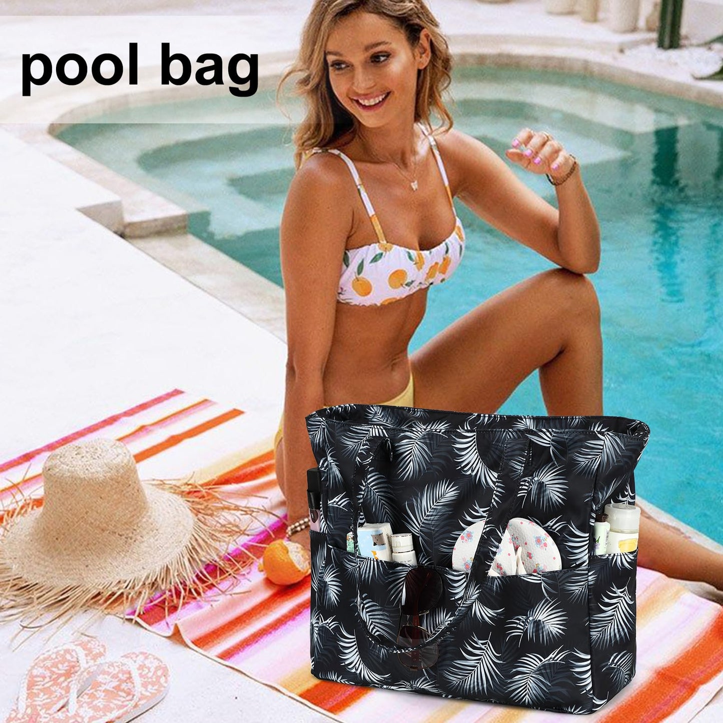 LEDAOU Large Beach Tote Bag Women Waterproof Sandproof Zipper Beach Tote Bag for Pool Gym Grocery Travel with Wet Pocket