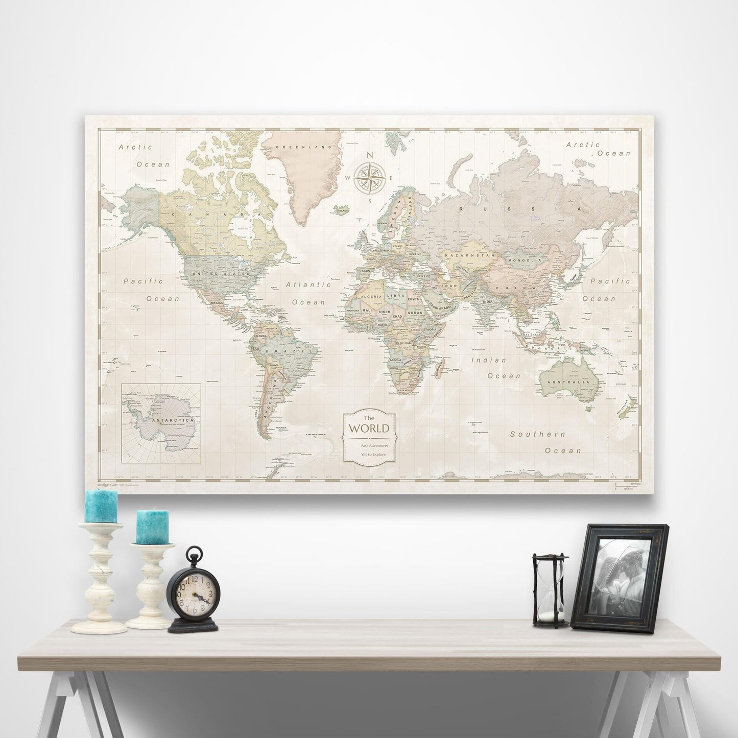 Conquest Maps World Travel Map with Pins Desert Sunrise Style Push Pin Travel Map Cork Board, Track Your Travels w/a Handmade Unique Canvas Pinable Map (48" x 32")