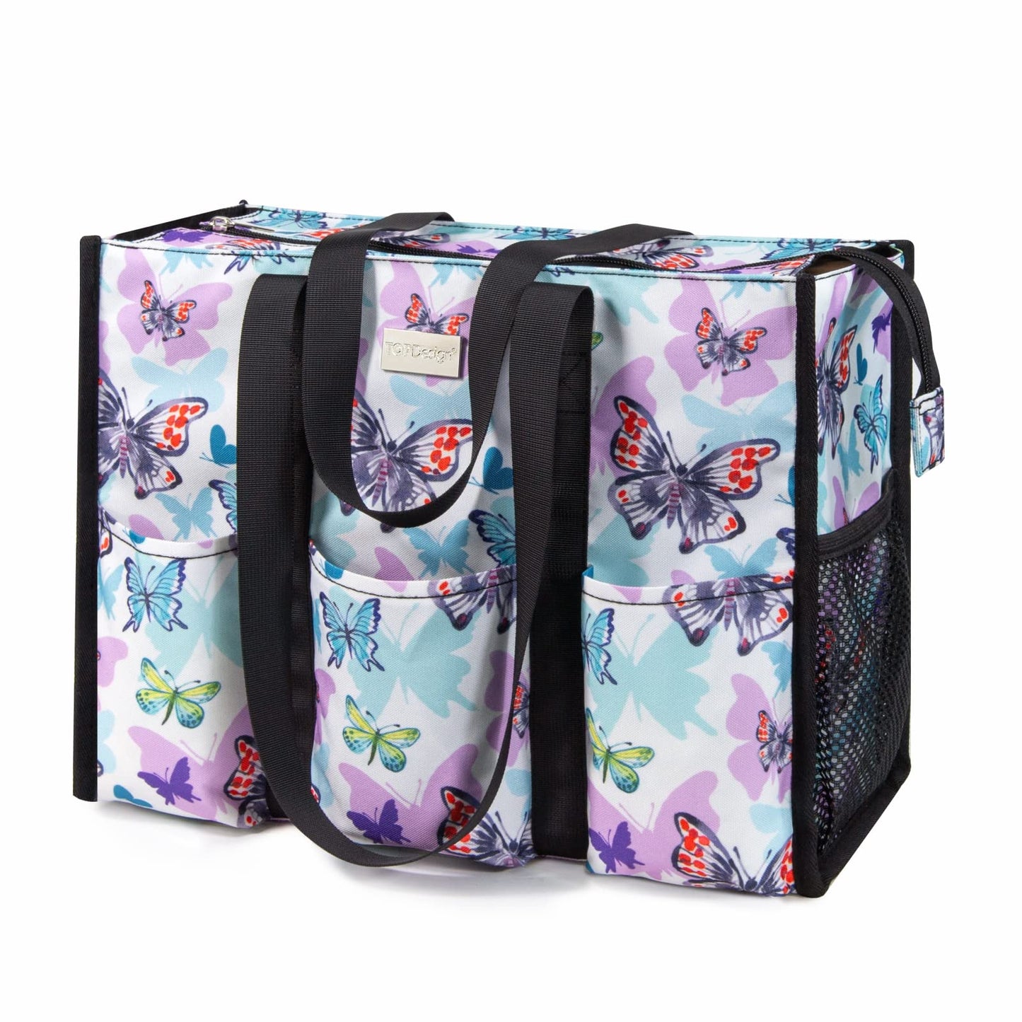 TOPDesign Utility Water Resistant Tote Bag with 13 Exterior & Interior Pockets, Top Zipper Closure & Thick Bottom Support