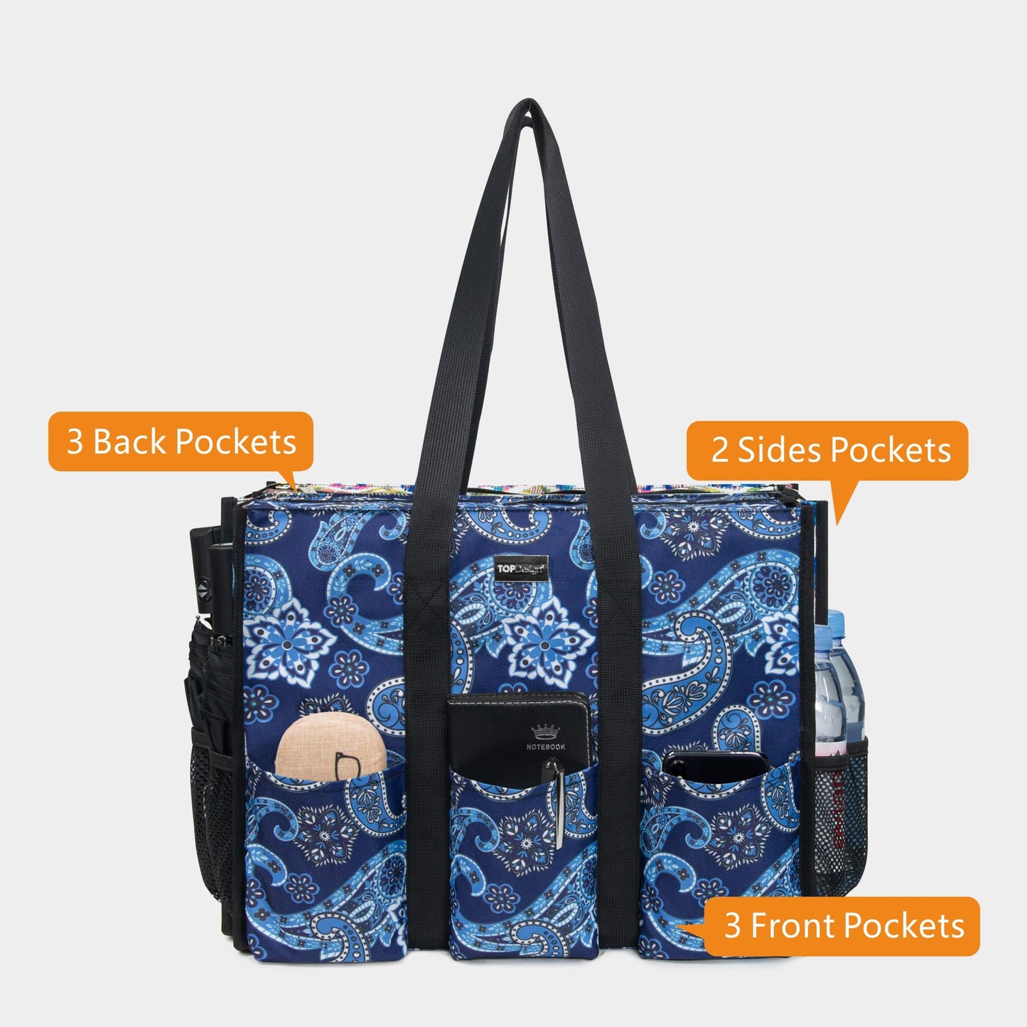 TOPDesign Utility Water Resistant Tote Bag with 13 Exterior & Interior Pockets, Top Zipper Closure & Thick Bottom Support