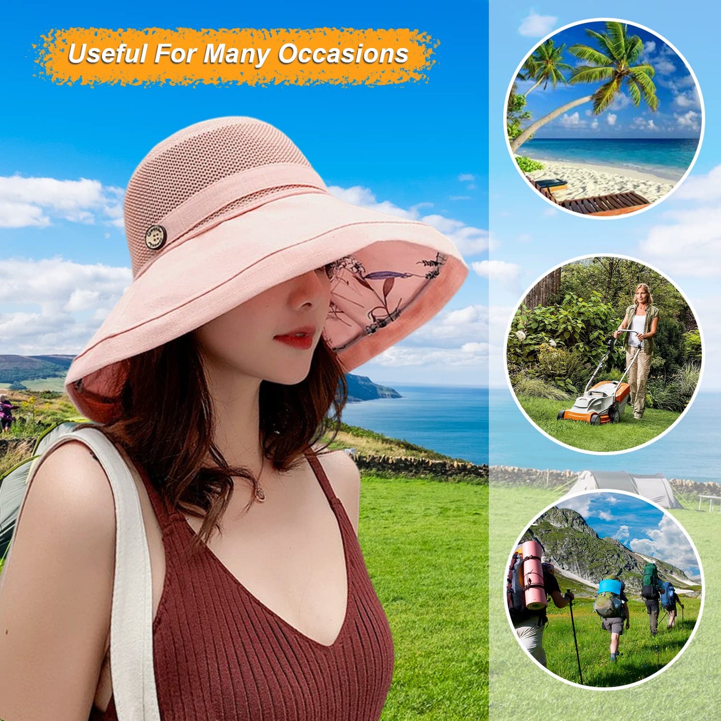 Women Wide Brim Sun Hats Metal Wired Edge Summer UV Protection Beach Fishing Hat for Hiking Garden Travel Chin Strap