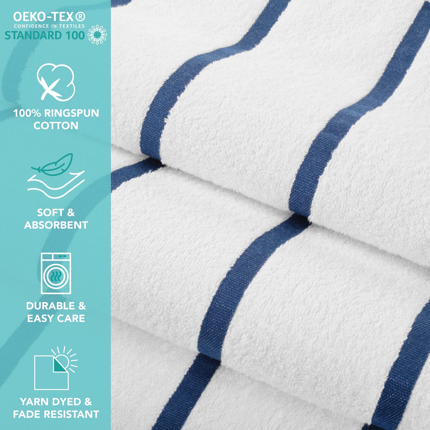 Arkwright Las Rayas Striped Beach Towel - Pack of 4 - Soft Plush Quick Dry White Cotton Terry Towels Set for Pool, Swim, and Hot Tub, 480 GSM Thick & Absorbent, 30 x 60 in, Blue