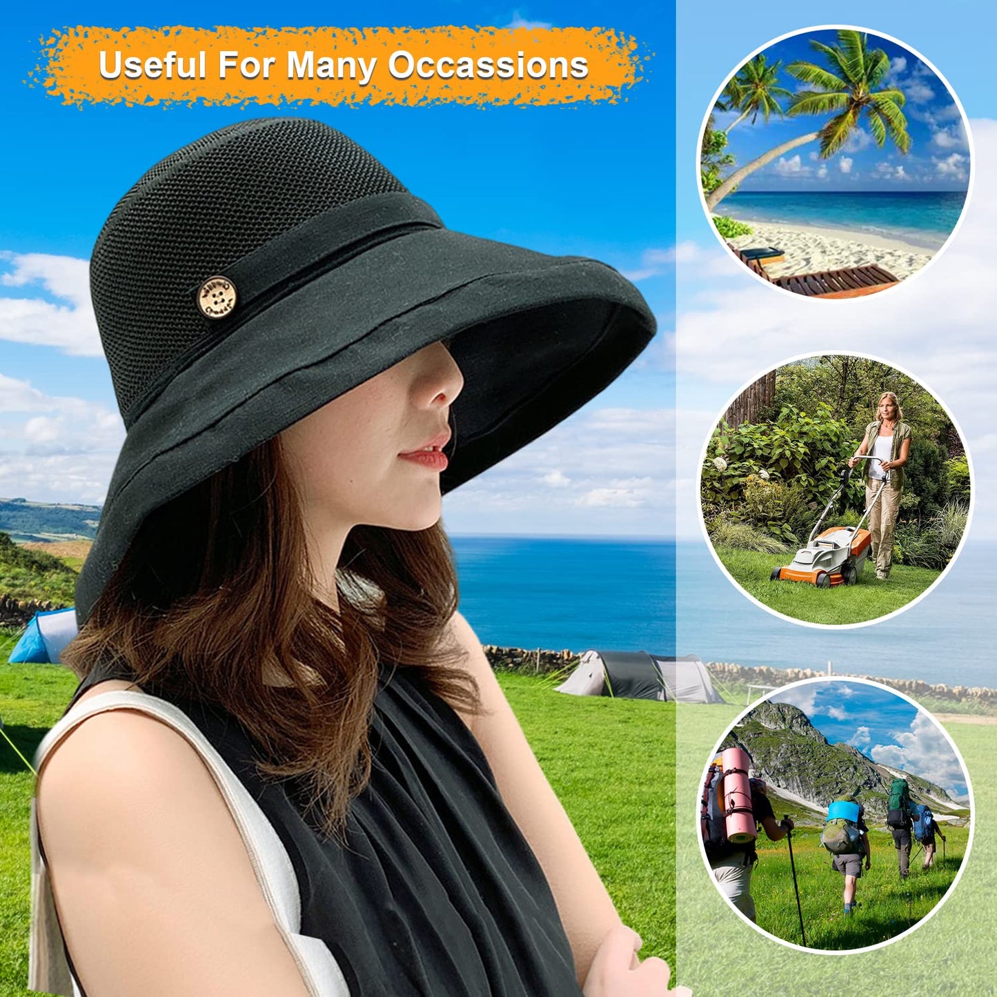 Women Wide Brim Sun Hats Metal Wired Edge Summer UV Protection Beach Fishing Hat for Hiking Garden Travel Chin Strap