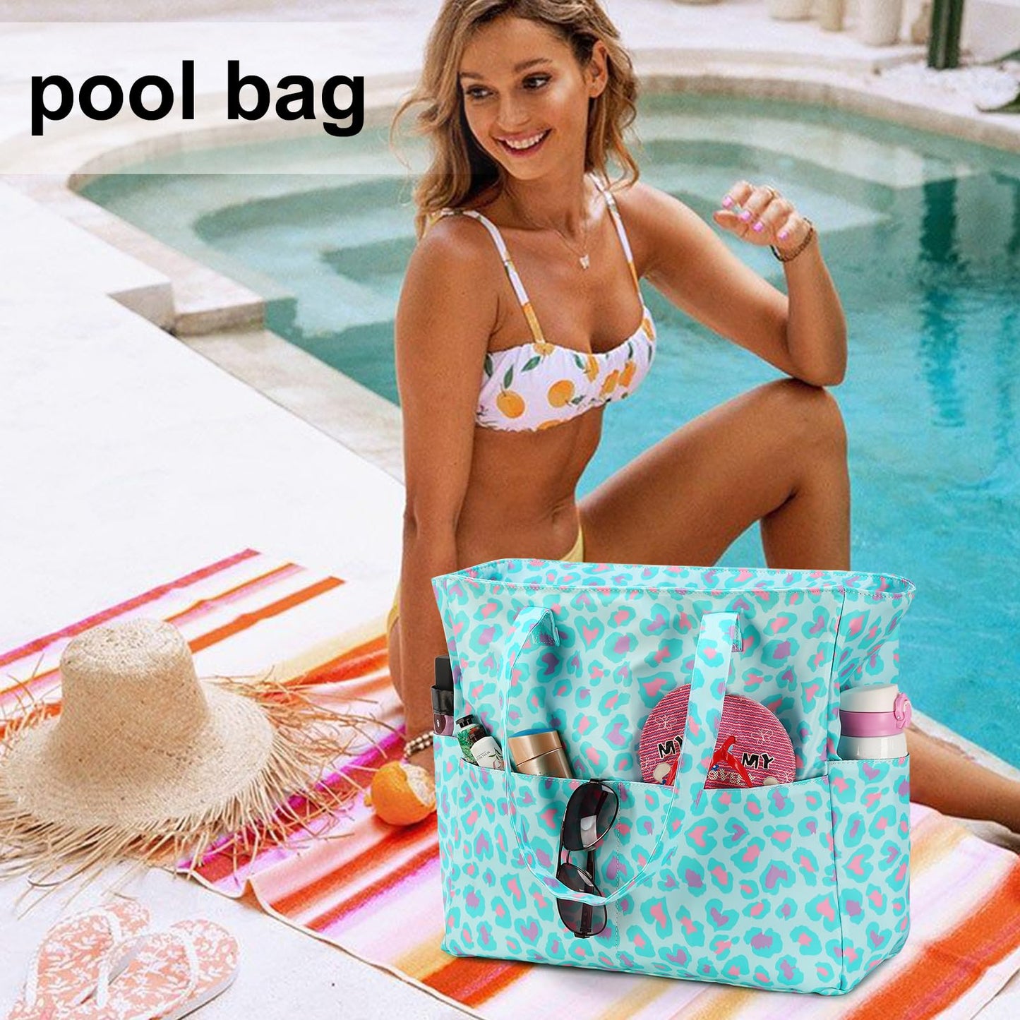 LEDAOU Large Beach Tote Bag Women Waterproof Sandproof Zipper Beach Tote Bag for Pool Gym Grocery Travel with Wet Pocket