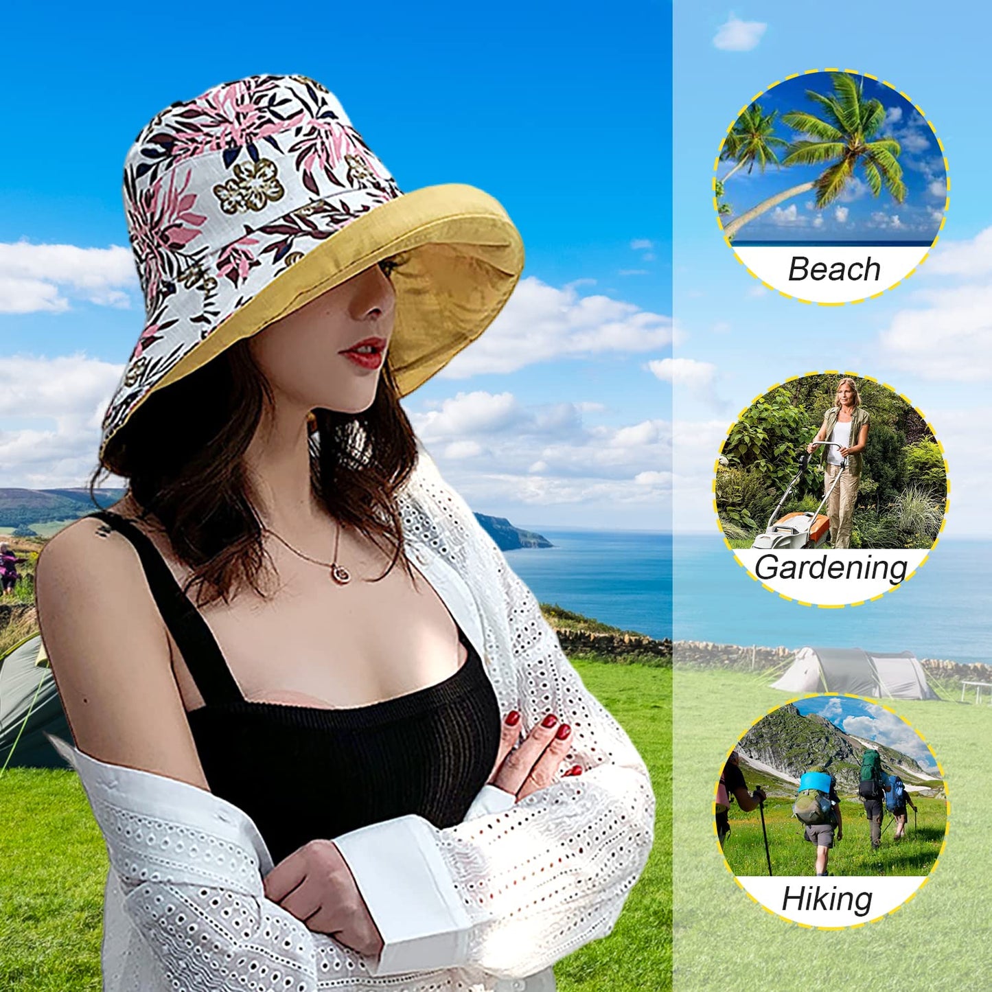 Women Wide Brim Sun Hats Metal Wired Edge Summer UV Protection Beach Fishing Hat for Hiking Garden Travel Chin Strap