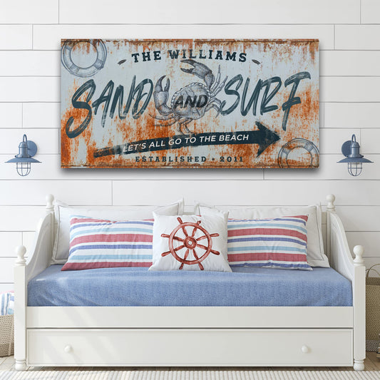 TAILORED CANVASES Beach Sign Wall Decor - Large Personalized Canvas, Coastal Wall Art Beach Signs for Home, Ocean, House, Porch, Living Room, and Bedroom - Sand and Surf, Rustic Decoration, 20"x10"