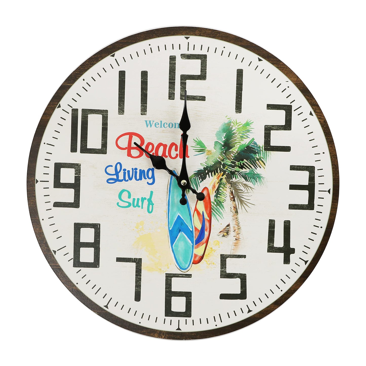 12 Inch Beach Themed Wall Clock, Rustic Weathered Boards in Coastal Colors with Silent Non Ticking Movement