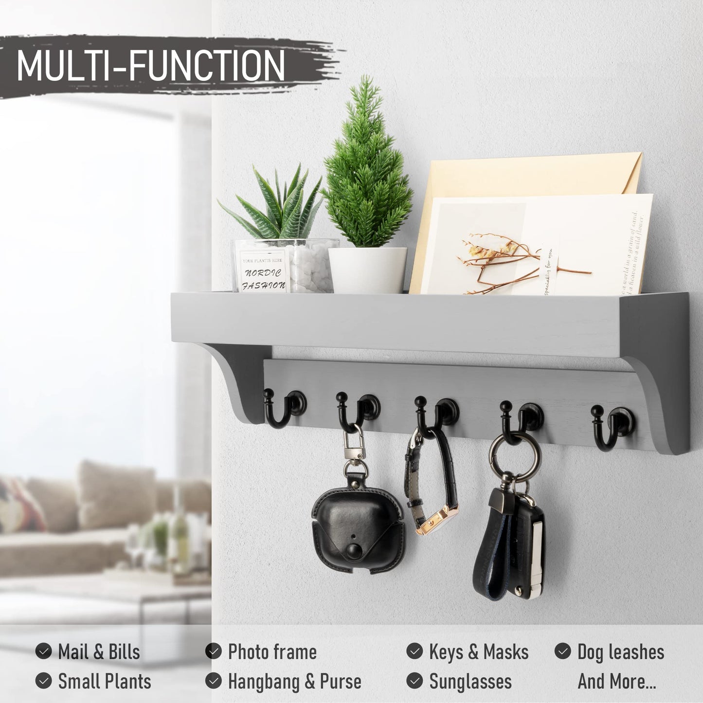 Rebee Vision Key and Mail Holder for Wall with floating Shelf : Decorative hanging organizer with 5 Sturdy Keys Hooks and Wall Mount Key Rack - Farmhouse Entryway Décor (Modern White)