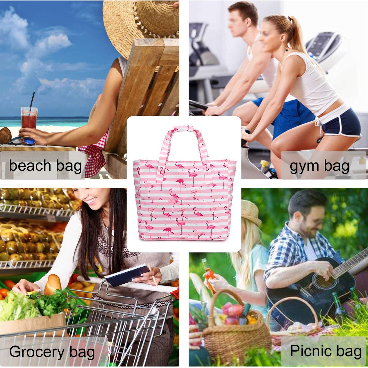 LEDAOU Large Beach Tote Bag Women Waterproof Sandproof Zipper Beach Tote Bag for Pool Gym Grocery Travel with Wet Pocket