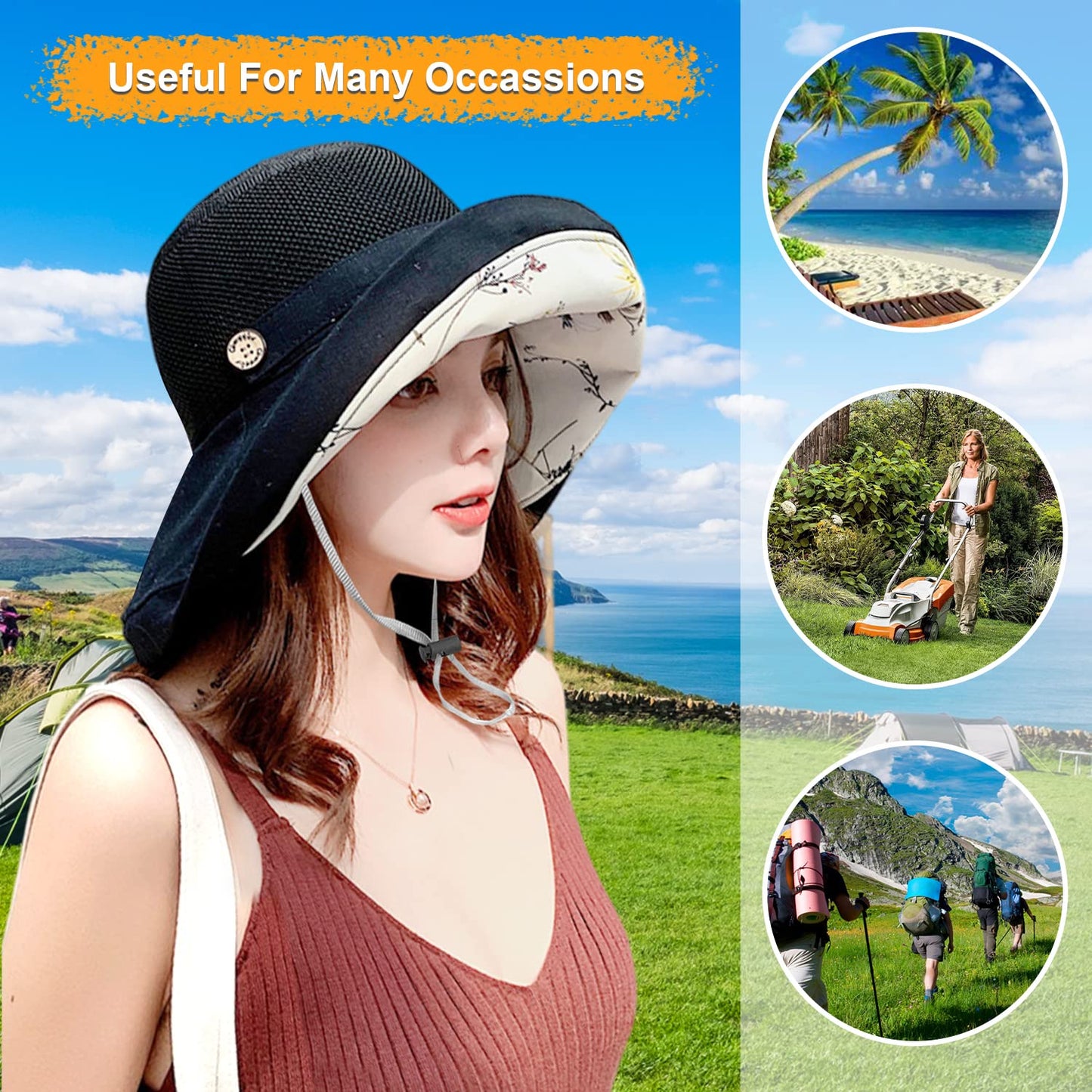 Women Wide Brim Sun Hats Metal Wired Edge Summer UV Protection Beach Fishing Hat for Hiking Garden Travel Chin Strap