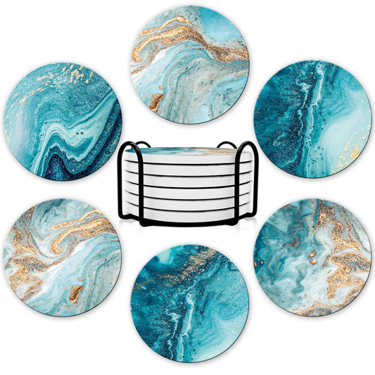 Coasters for Drinks, Round Absorbent Ceramic Stone Coasters Set of 6 with Cork Base, Funny Drink Coasters with Holder for Cold Drinks Wine Mugs and Cups Tabletop Protection, 4 Inches,Teal Marble