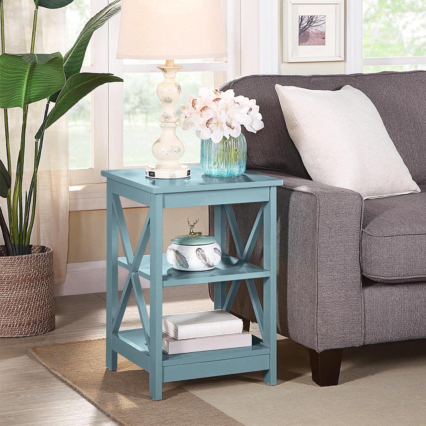 Convenience Concepts Oxford End Table with Shelves, Sea Foam Blue