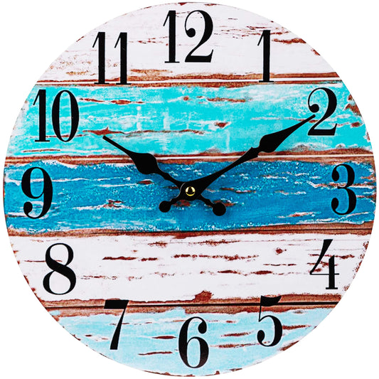 12 Inch Beach Themed Wall Clock, Rustic Weathered Boards in Coastal Colors with Silent Non Ticking Movement