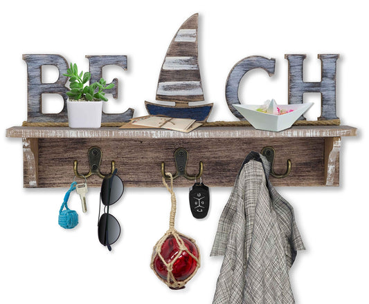 SAILINGSTORY Beach Wall Decor, Beach Sign Key Holder for Wall Mounted Coat Rack with Shelf, Beach Decor Nautical Decor Key Hook for Wall with Shelf